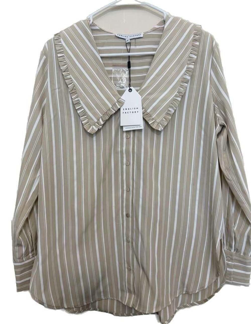 English Factory Ruffled-Collar Striped Shirt Beige Size XS